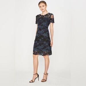 Elie Tahari, Ophelia Black Blue Floral Crochet Lace Sheath Dress, Size 8